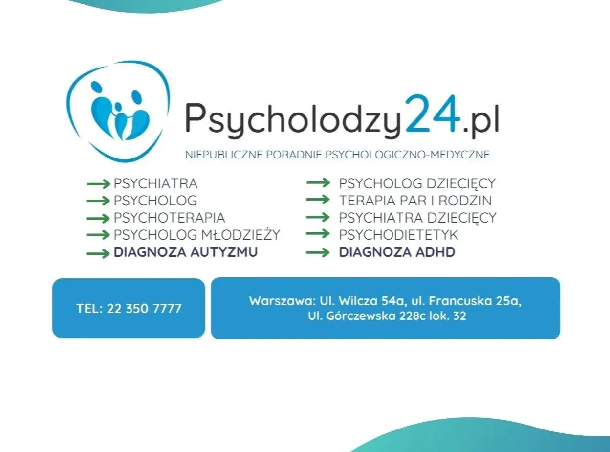 Logo i lista usług poradni psychologiczno-medycznej Psycholodzy24.pl w Warszawie.