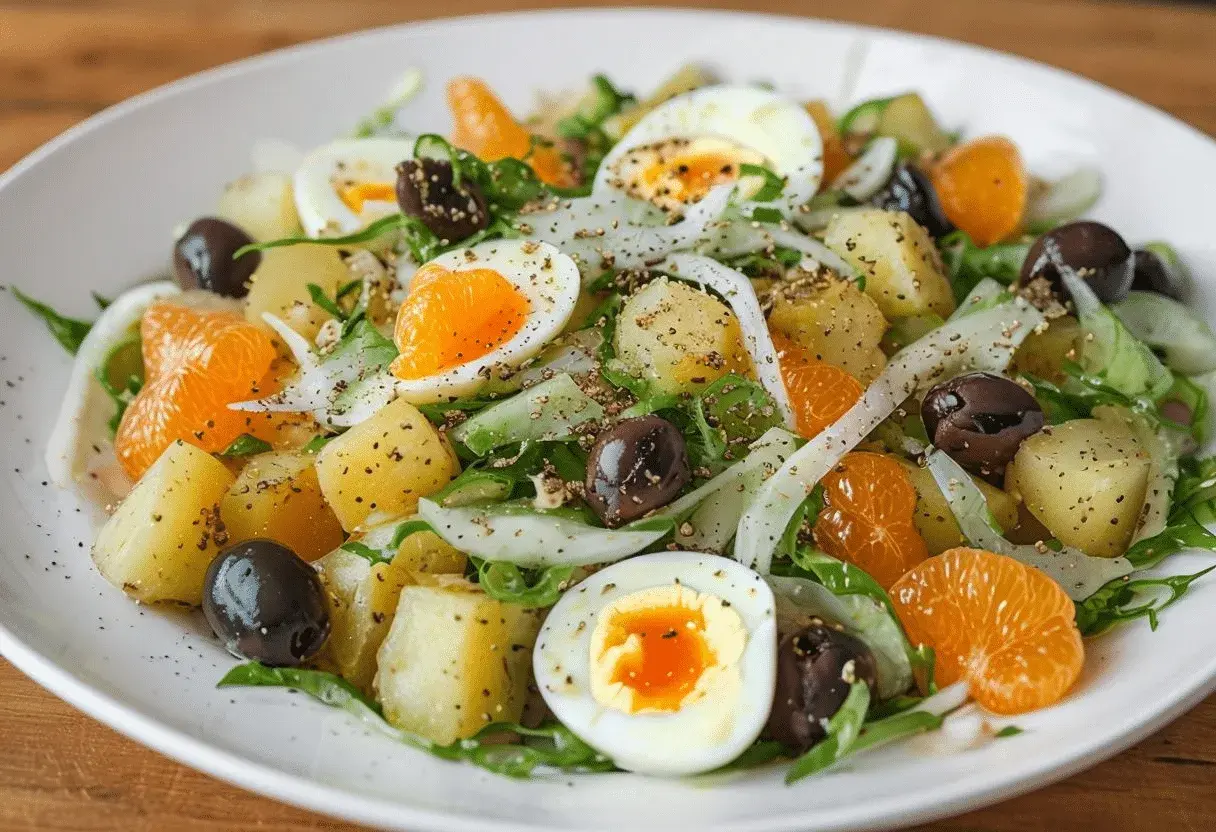 Ensalada malagueña con patatas, huevo duro, aceitunas, mandarina y hinojo. Un plato fresco y lleno de sabor.