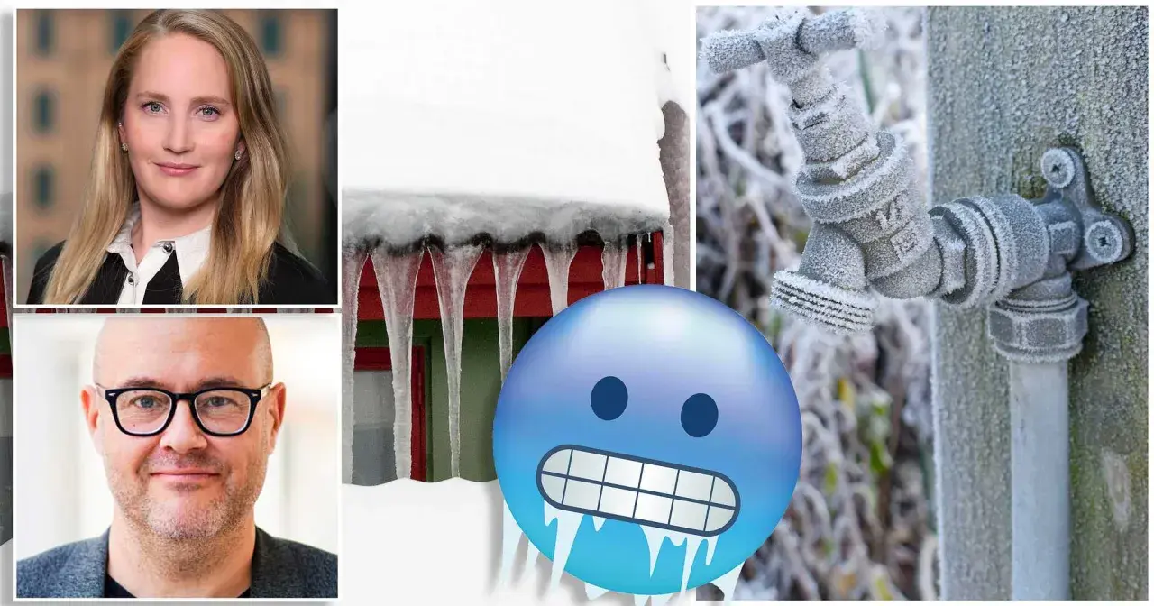 Kallt ute! Isiga istappar hänger från ett tak, en frostig kran och en blå emoji som fryser. Tänk om det är frusna vattenledningar i marken.