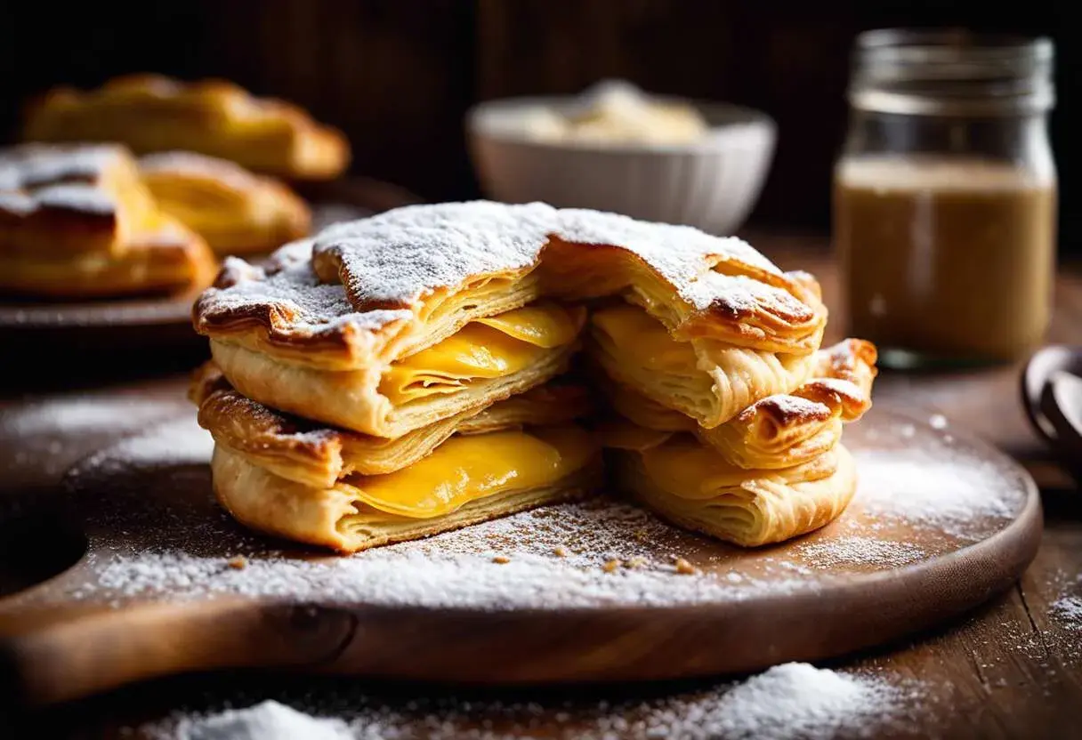 Délicieux millefeuilles à la crème, leur pâte feuilletée dorée saupoudrée de sucre glace.