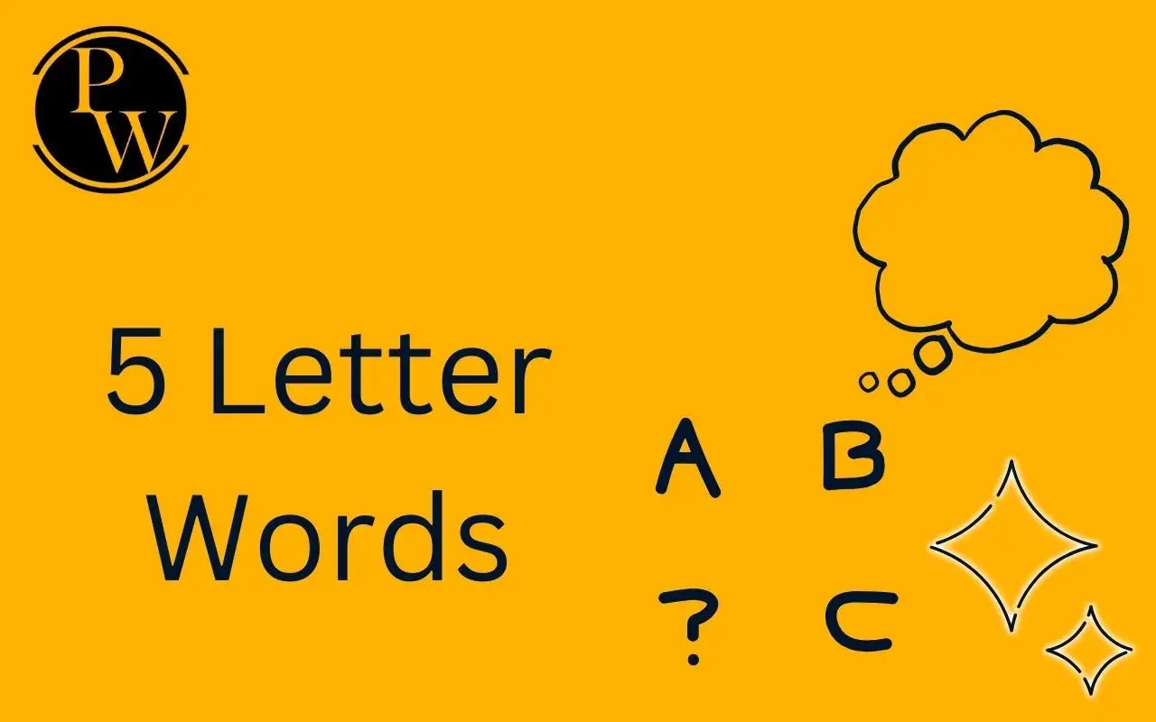 Immagine con sfondo giallo e testo "5 Letter Words". Lettere A, B, C e un punto interrogativo sparsi, con una nuvoletta e stelle.