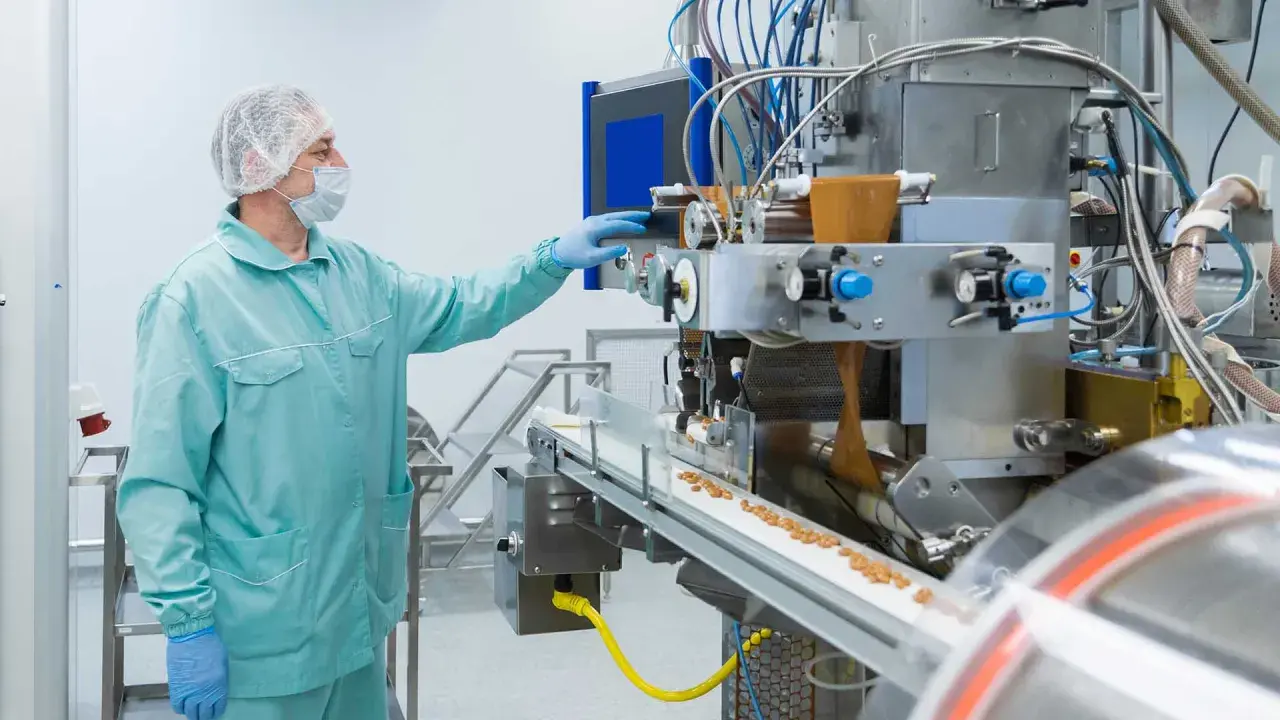 Trabajador en sala blanca, con mascarilla y gorro, supervisa máquina de producción. El asepsia significado se refleja en el control de calidad.