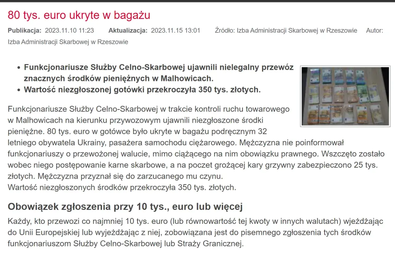 Przewóz 80 tys. euro ukrytych w bagażu. Od 10 tys. euro obowiązuje zgłoszenie.