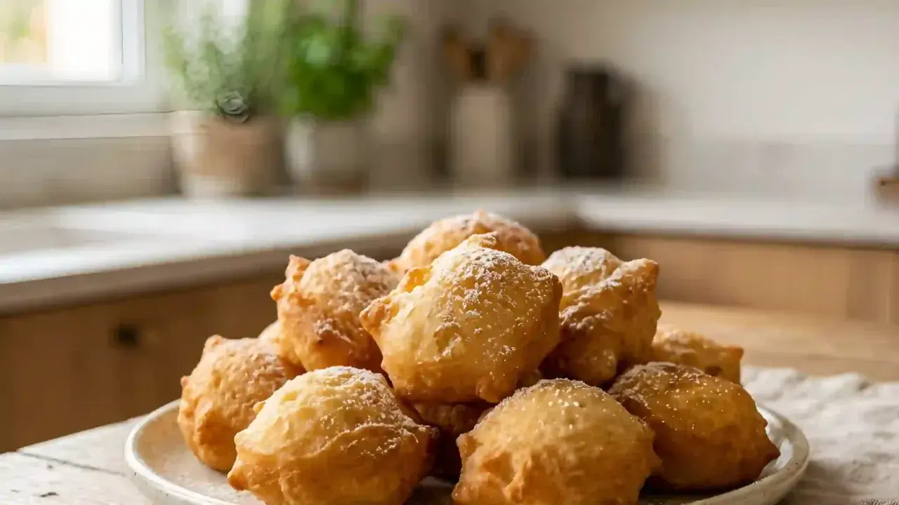 Une pile de pâte à beignets dorée et saupoudrée de sucre glace, prête à être dégustée.