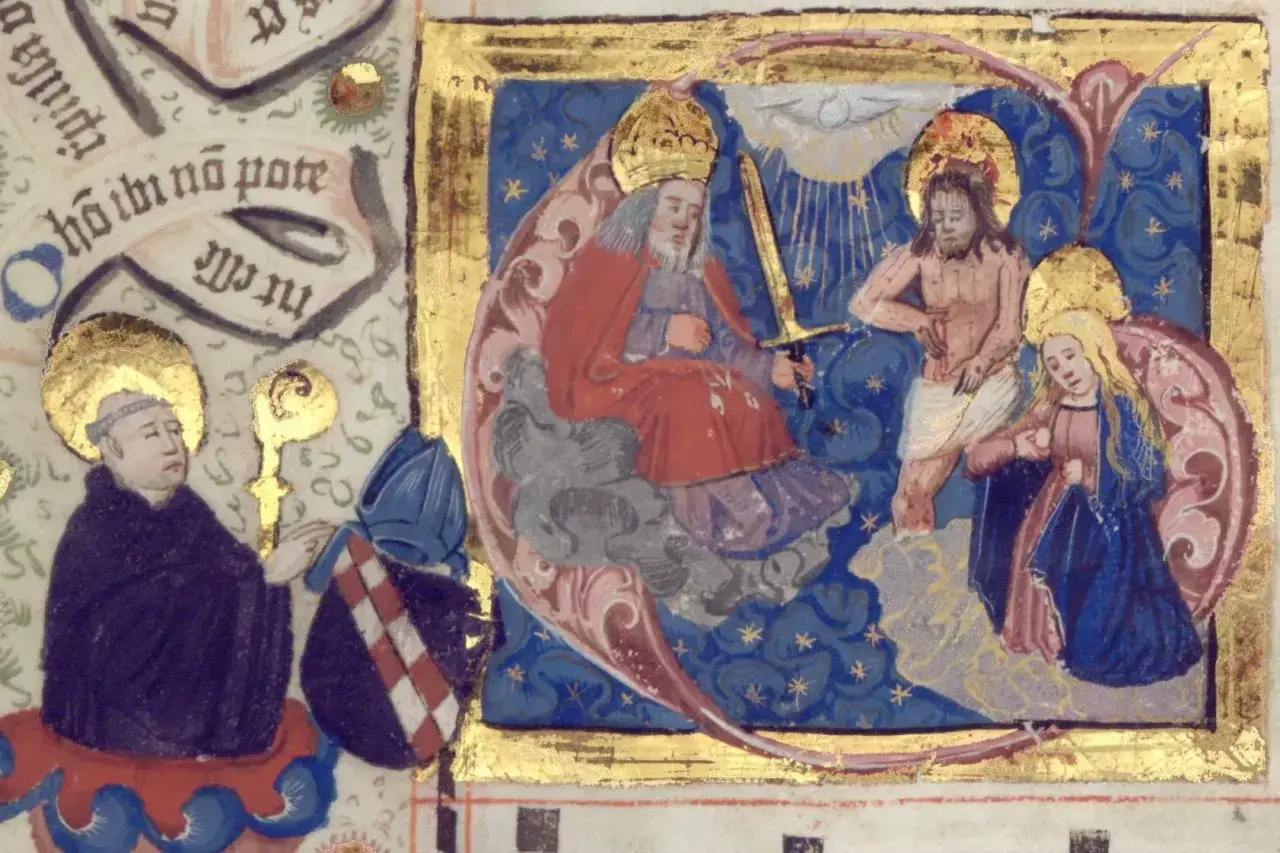 Buchmalerei Mittelalter: Gottvater mit Schwert, Jesus, Maria und ein Mönch mit Bischof.