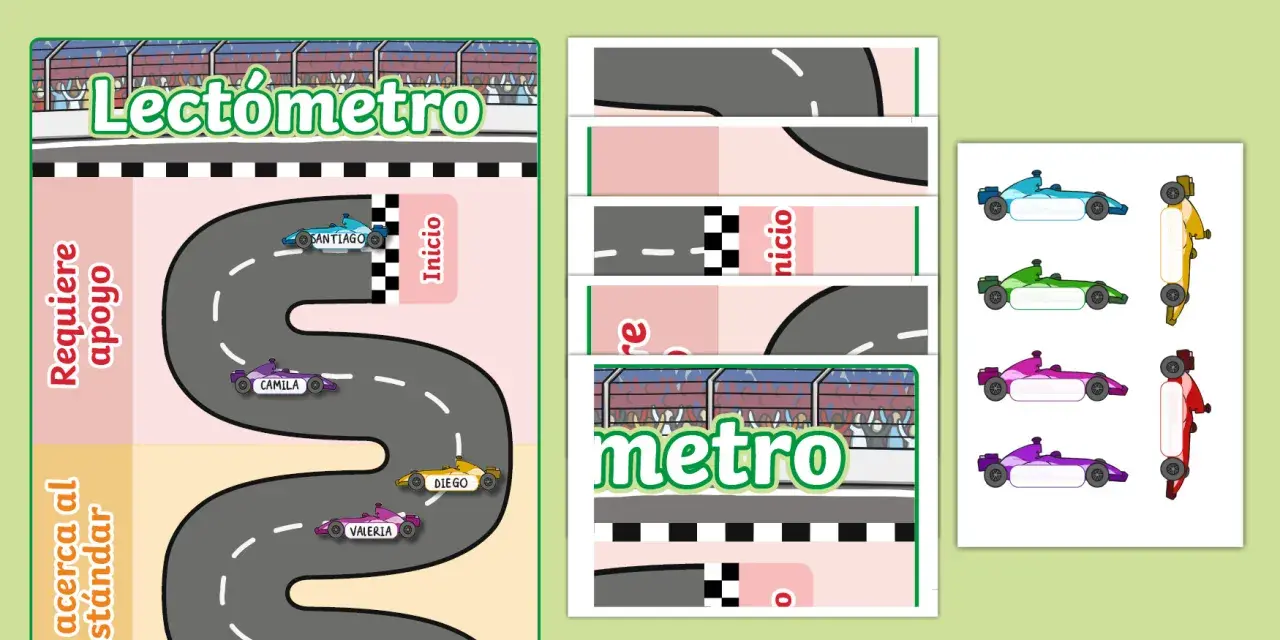 Un lectómetro para imprimir con coches de carreras. Los niños avanzan en la pista según su progreso lector.