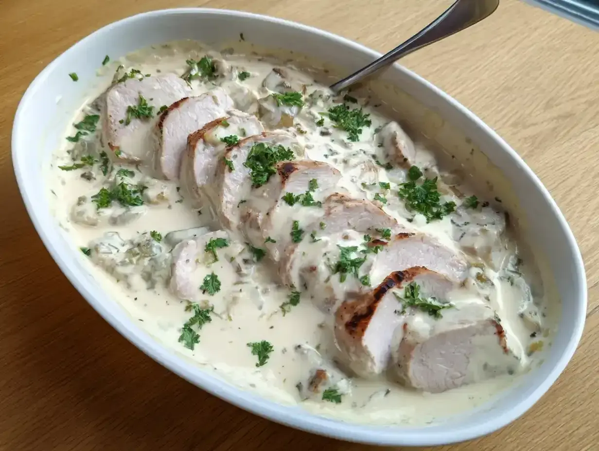 Skivad ytterfile i ugn, serverad i en krämig svampsås med färsk persilja. En riktig klassiker!
