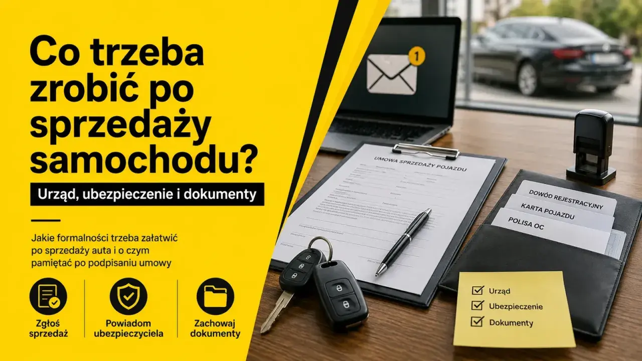 Jak sprzedać auto? Na stole umowa, kluczyki, dokumenty: dowód rejestracyjny, karta pojazdu, polisa OC. W tle czarny samochód.