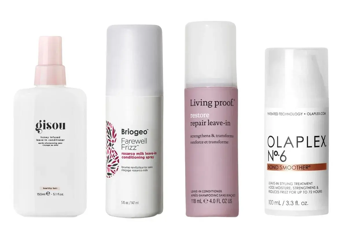 Fyra leave-in produkter för hårvård: Gisou, Briogeo, Living Proof och Olaplex. Perfekt för att få ett frissfritt och starkt hår.