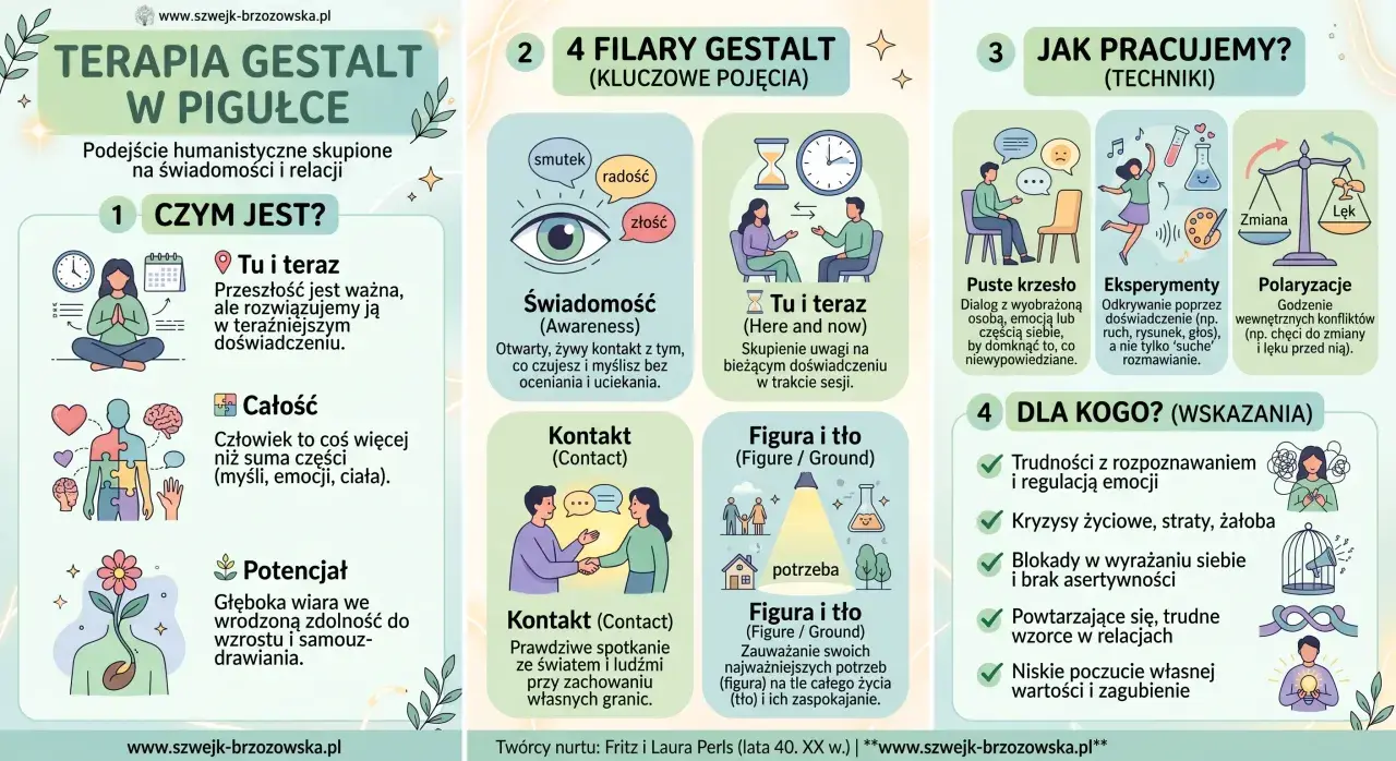 Grafika przedstawia kluczowe elementy terapii Gestalt: świadomość, kontakt, figurę i tło, a także techniki pracy, jak puste krzesło.