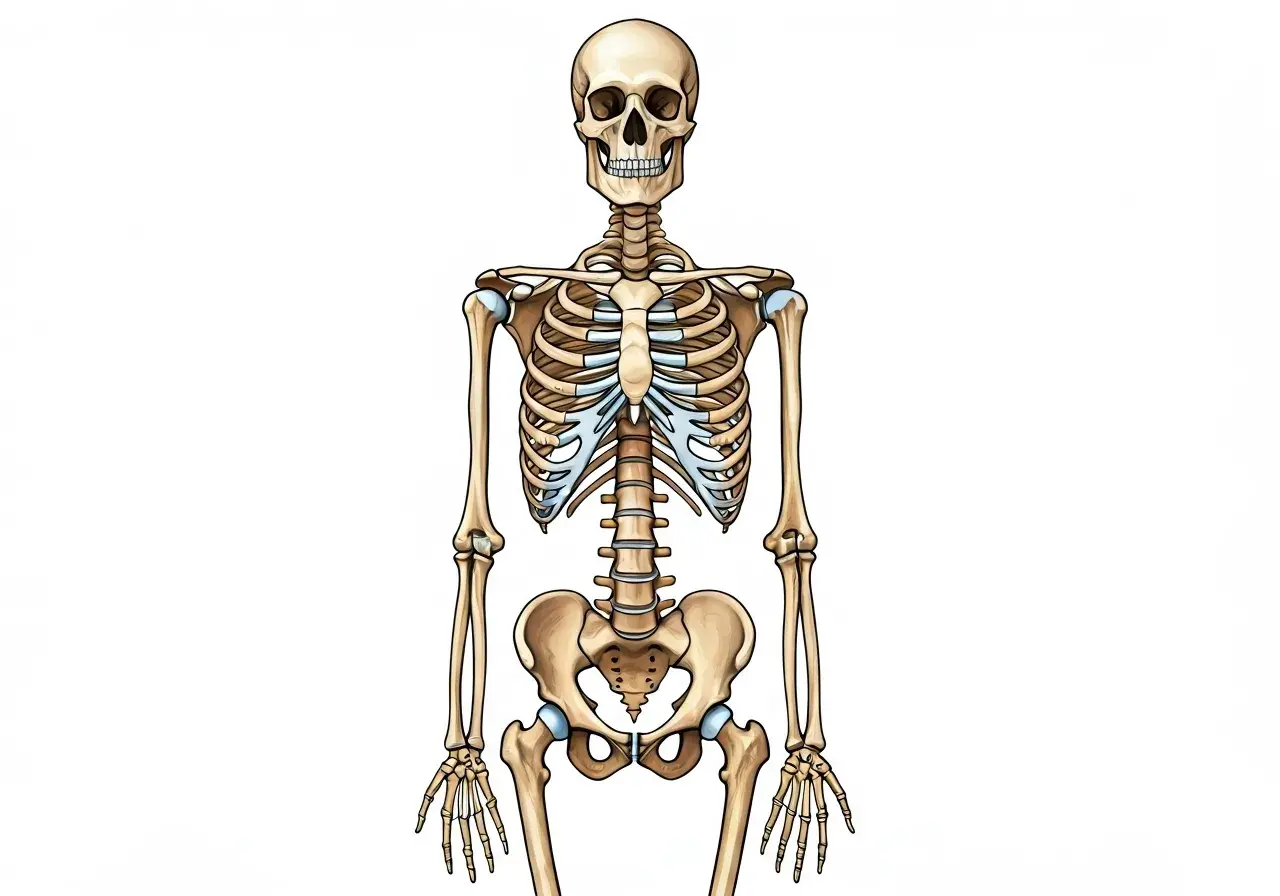 Scheletro umano completo, con cranio, costole, bacino e arti. Per sapere come si dice scheletro in inglese, si usa "skeleton".