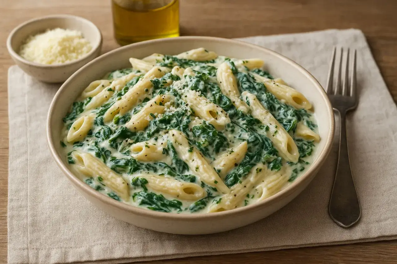 En skål med krämig vegetarisk pasta med spenat och penne, toppad med riven ost.