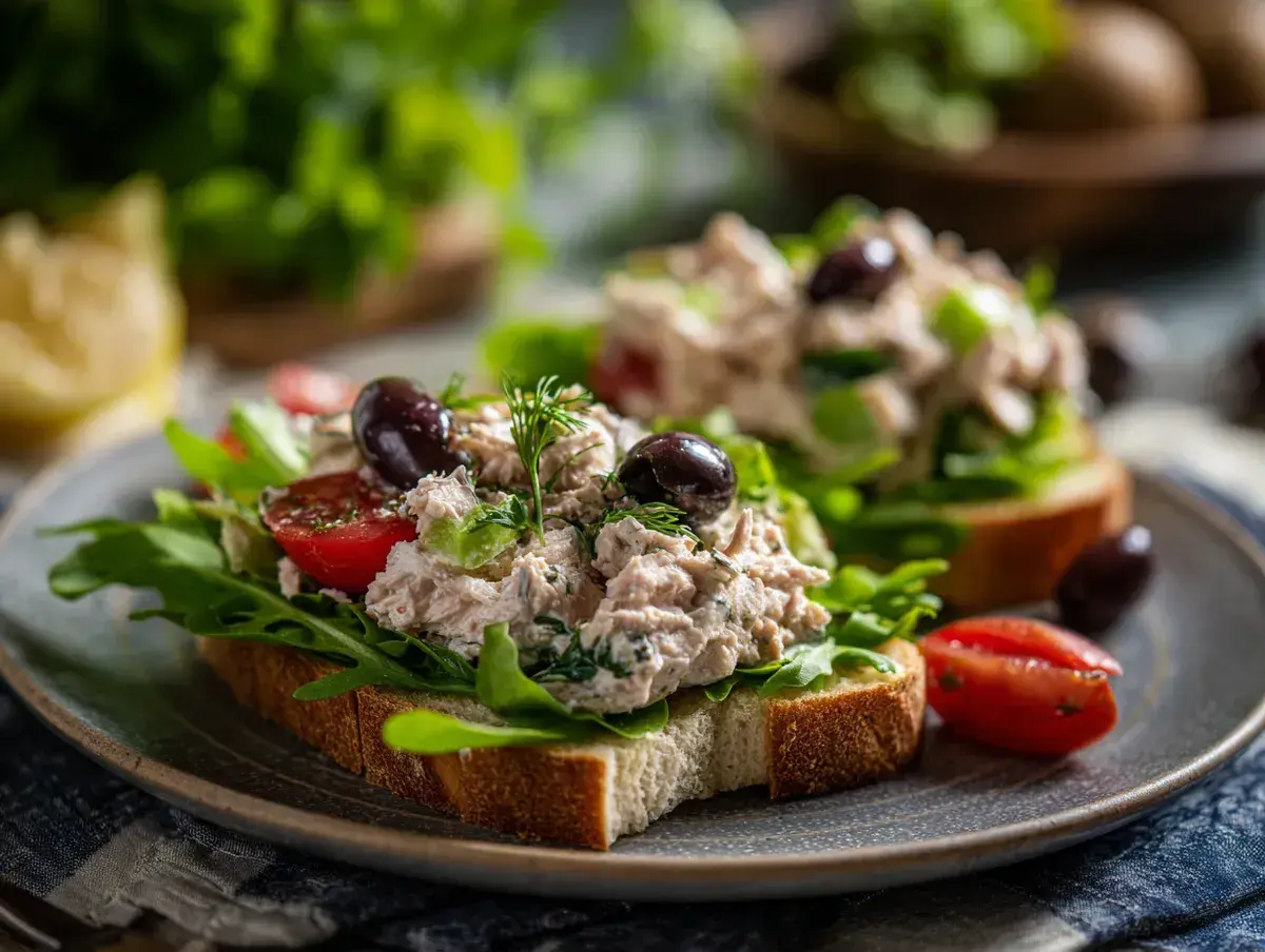 Två öppna smörgåsar med tonfisksallad, ruccola, körsbärstomater och oliver. En läcker och fräsch tonfisksallad.