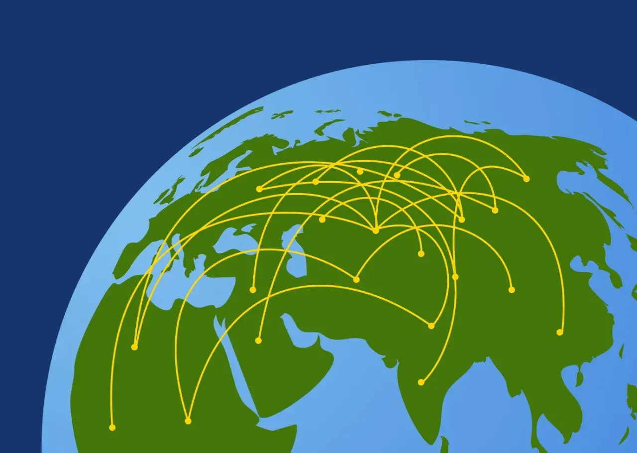 Gelbe Linien verbinden Punkte auf einer stilisierten Weltkugel, die Europa und Asien zeigt. Dies symbolisiert weltweite Sendungsverfolgung und globale Verbindungen.