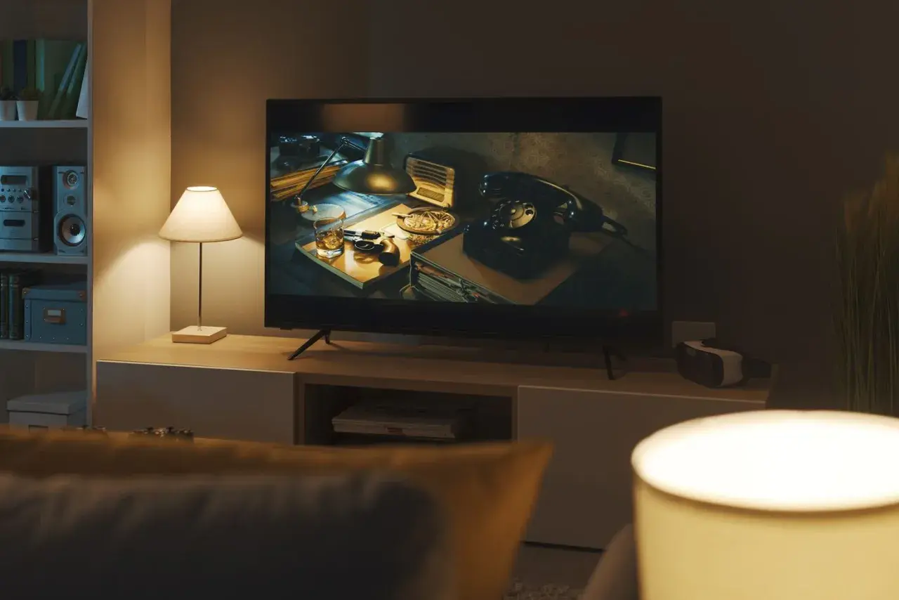 Na ekranie telewizora w jakości **full HD jaka to rozdzielczość** widać scenę z lat 40. z telefonem, pistoletem i whisky.