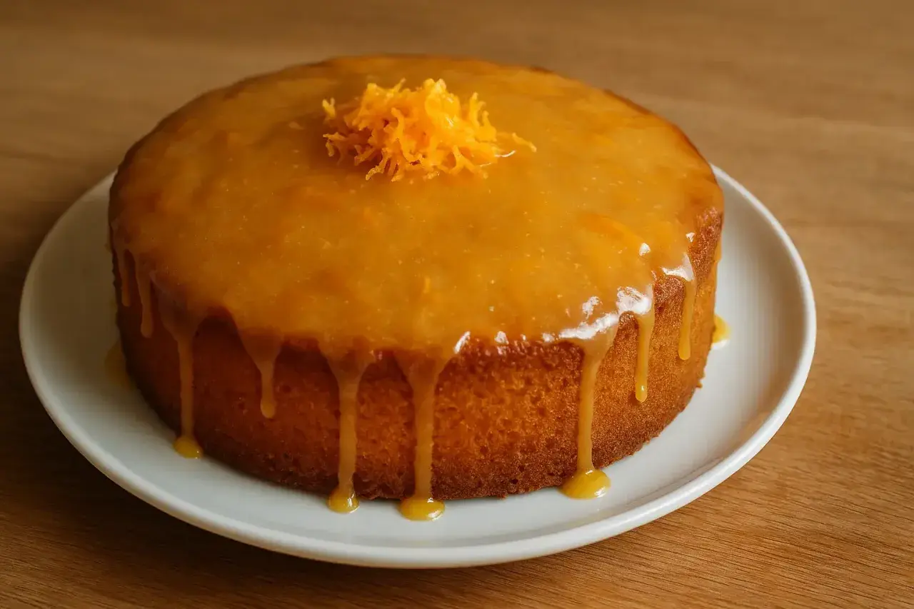 Un délicieux cake à l'orange, nappé d'un glaçage brillant et garni de zestes d'orange confits. Un vrai délice !