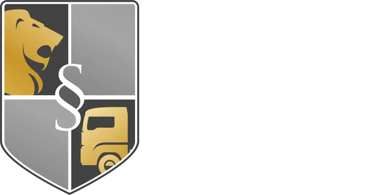 Symbol lwa, paragraf i ciężarówka na tarczy. Usługa użyczenie licencji transportowej.