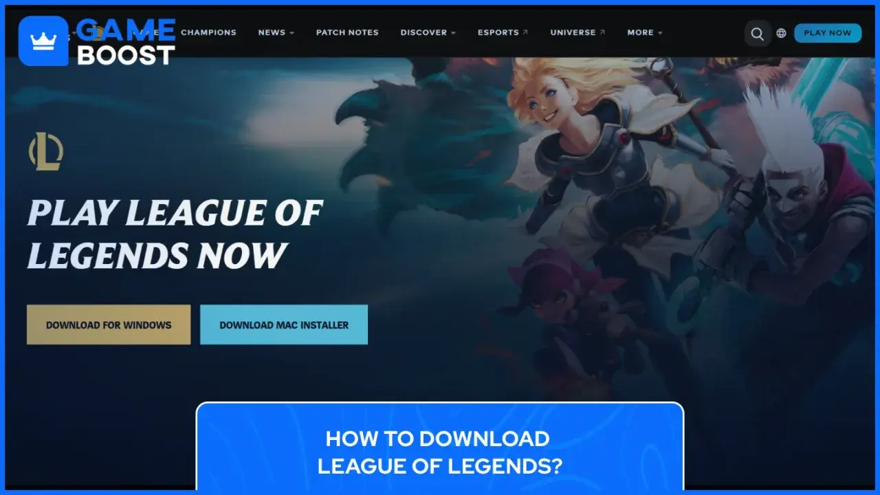 Postać Lux i Ekko z League of Legends na tle gry, przyciski pobierania.