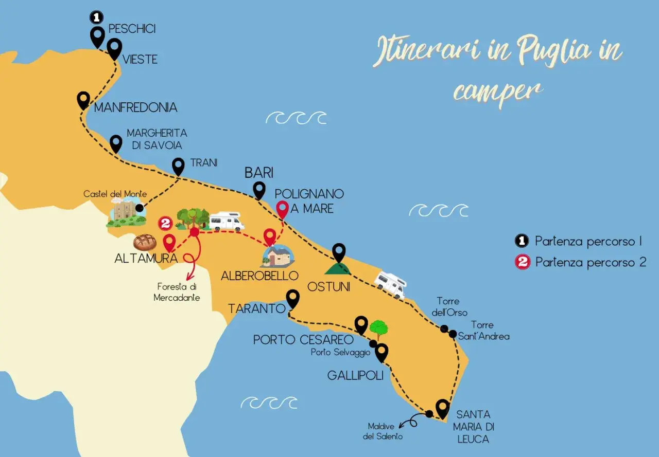 Mappa degli itinerari in camper per visitare la Puglia, con tappe da Peschici a Santa Maria di Leuca.