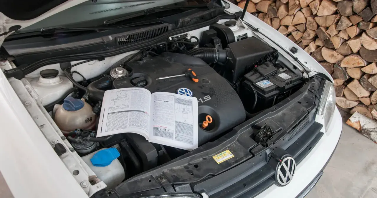 Otwarta maska samochodu z widocznym silnikiem 1.9 TDI, instrukcją obsługi i narzędziami.