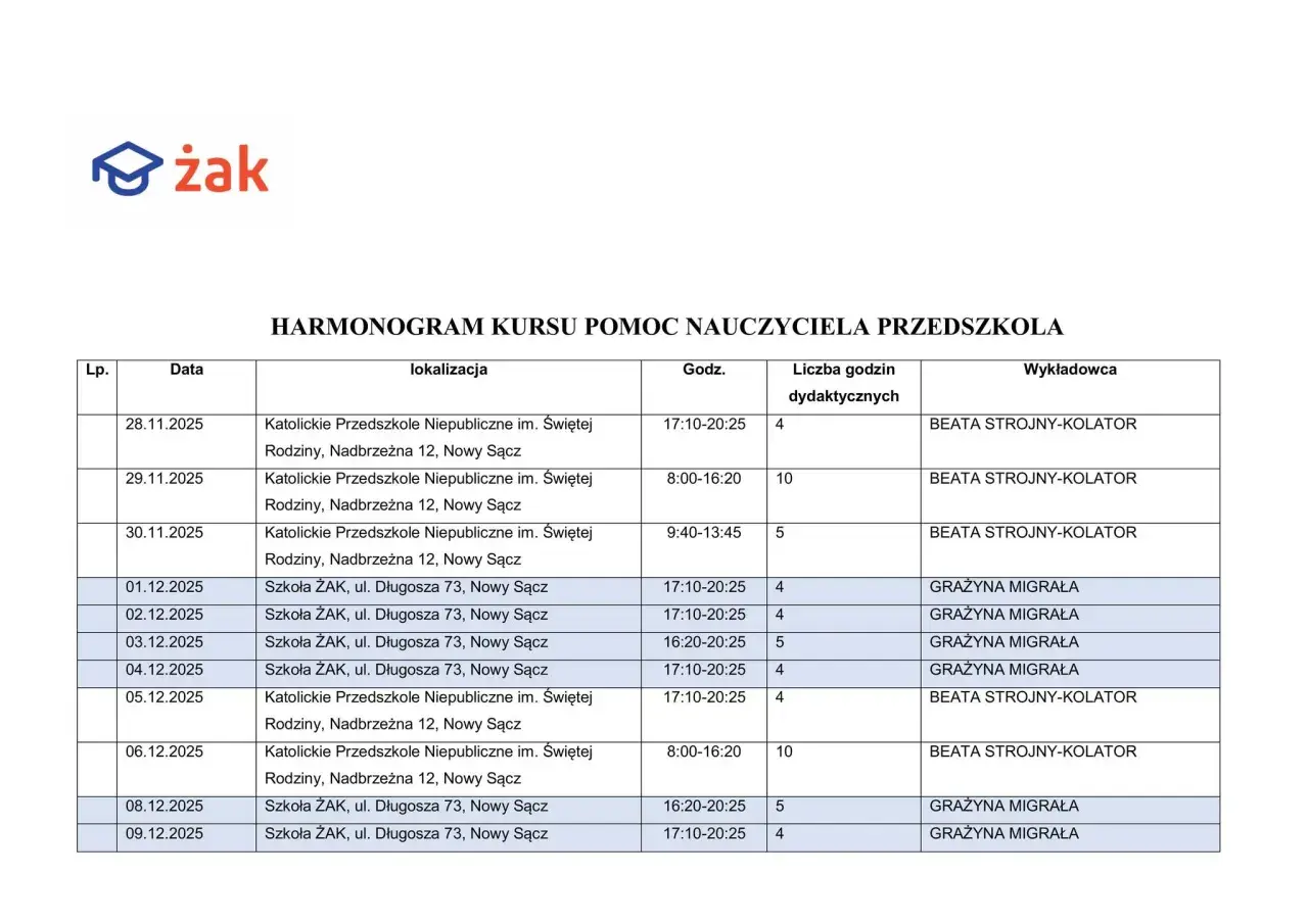 Harmonogram kursu pomoc nauczyciela przedszkola, kod zawodu nauczyciel przedszkola. Lista zajęć, daty, lokalizacje i wykładowcy.