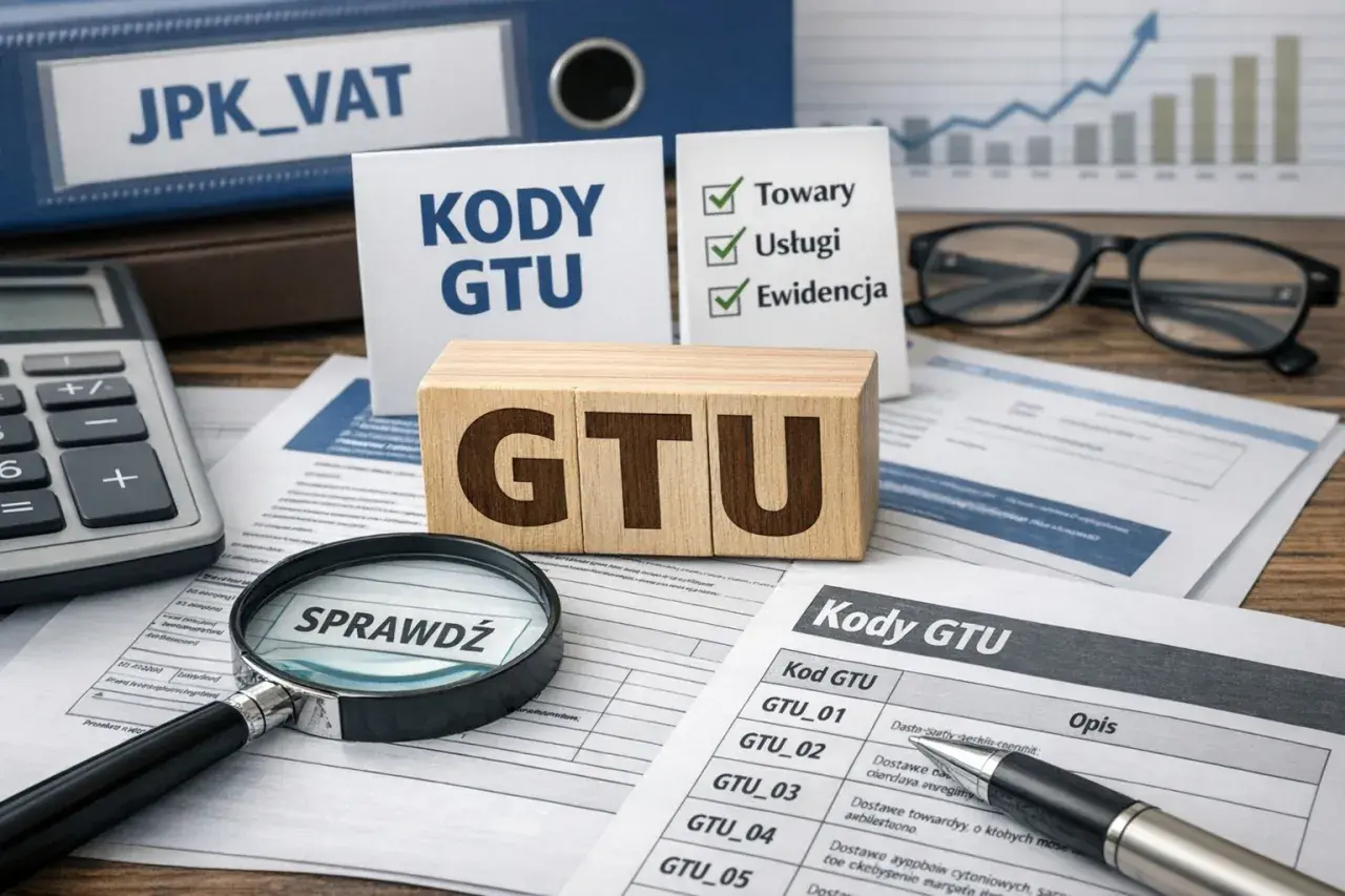 Kody GTU na drewnianych klockach, obok kalkulatora i dokumentów JPK_VAT. Analiza kodów GTU jest kluczowa.