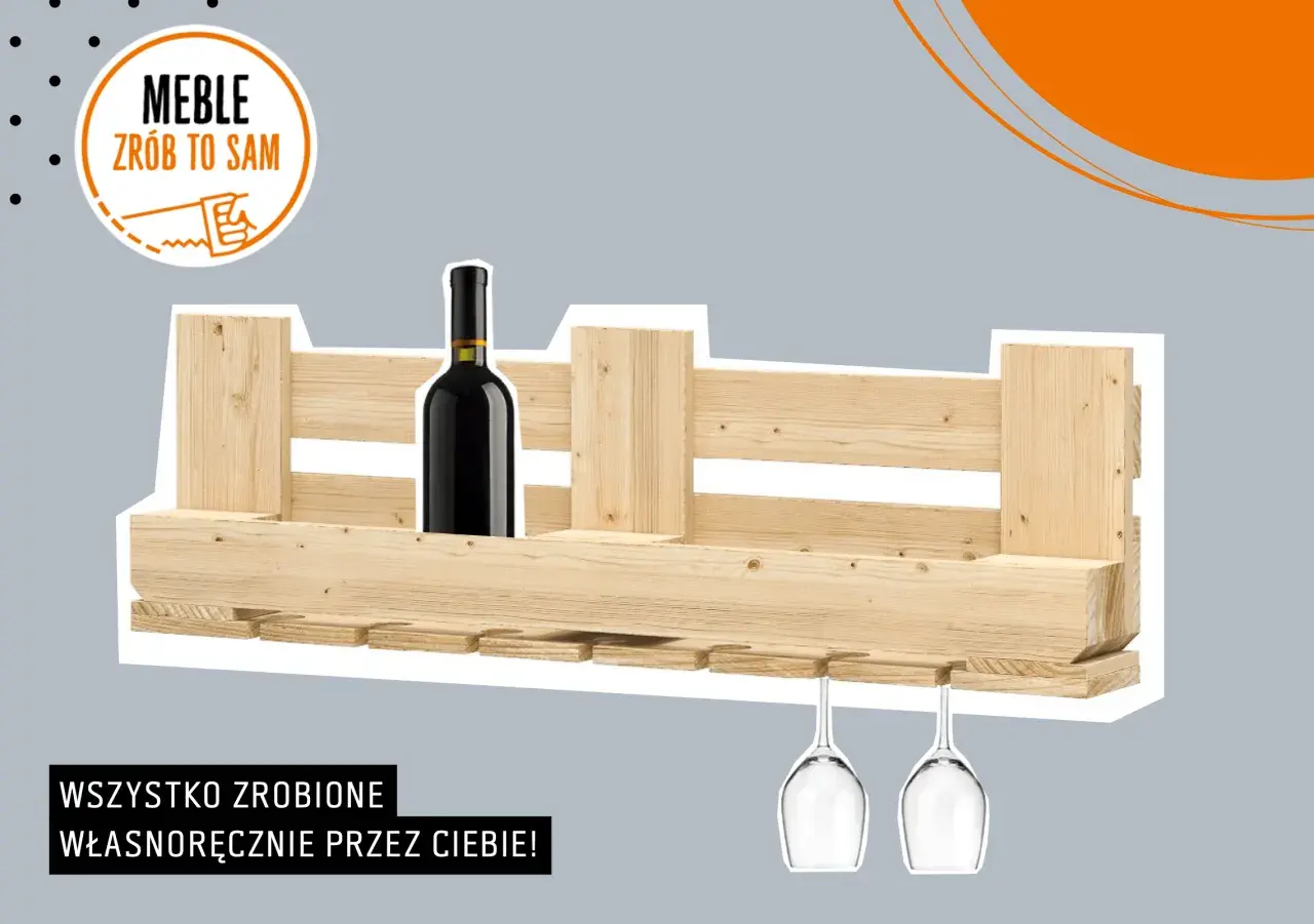 Drewniany stojak na wino z miejscem na butelkę i kieliszki, idealny do samodzielnego wykonania.