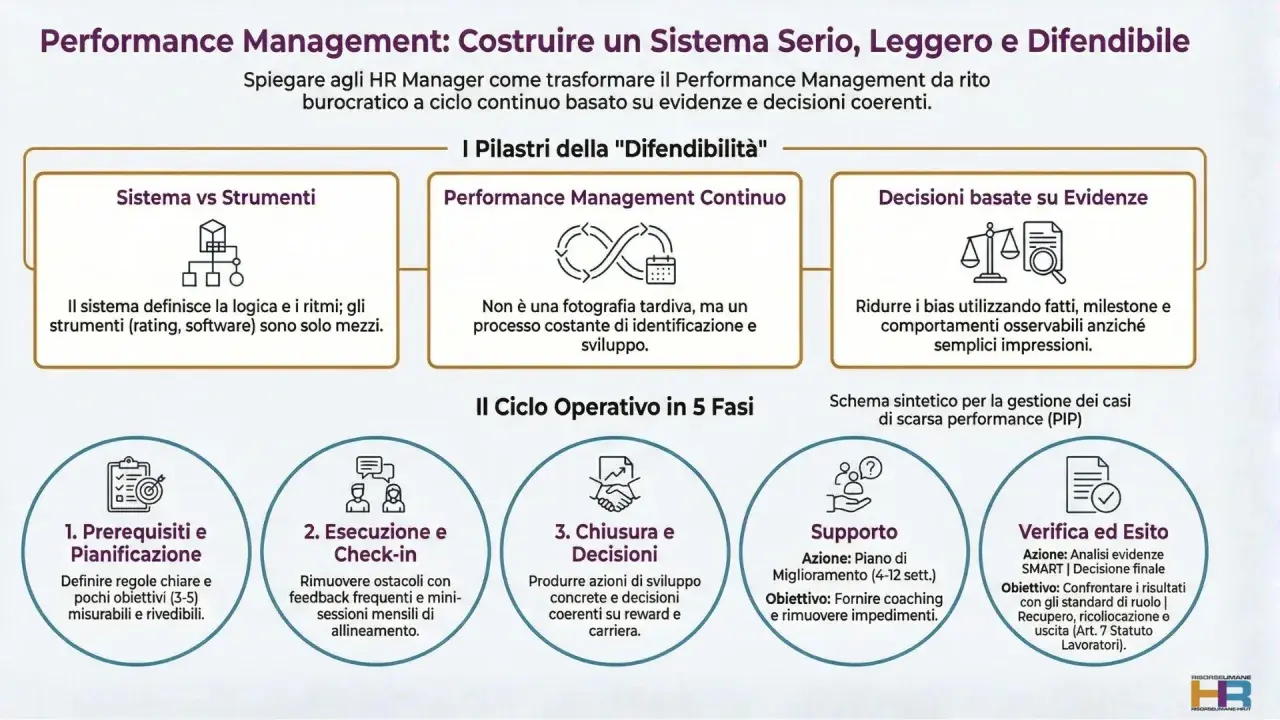 Schema del Performance Management: pilastri, ciclo operativo e gestione della scarsa performance individuale (esempio).