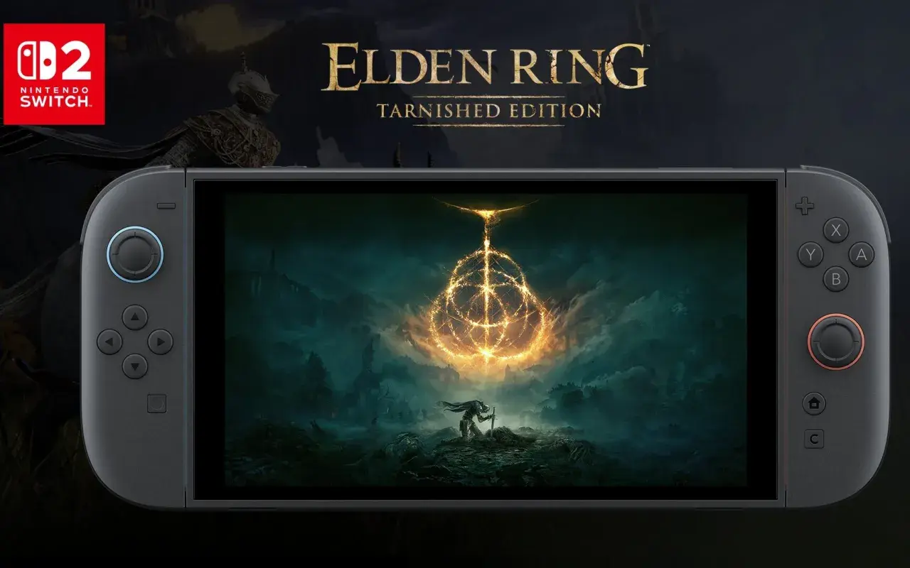 Nintendo Switch z Elden Ring: Tarnished Edition. Bohater klęczy przed Wielkim Pierścieniem w mrocznym świecie.