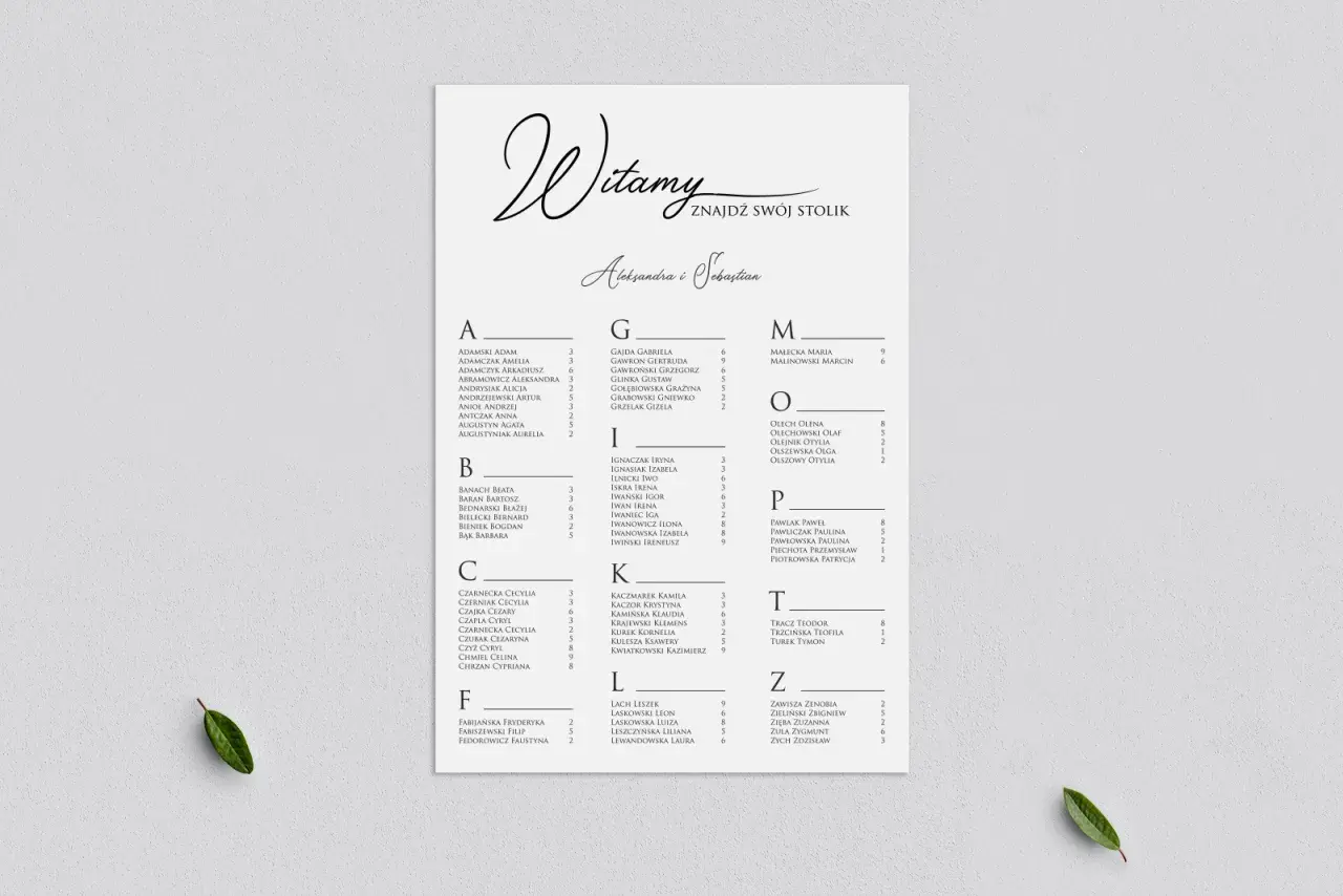 Lista gości wesela z podziałem na stoliki. Znajdź swoje miejsce przy stoliku A, B, C, F, G, I, K, L, M, O, P, T lub Z.