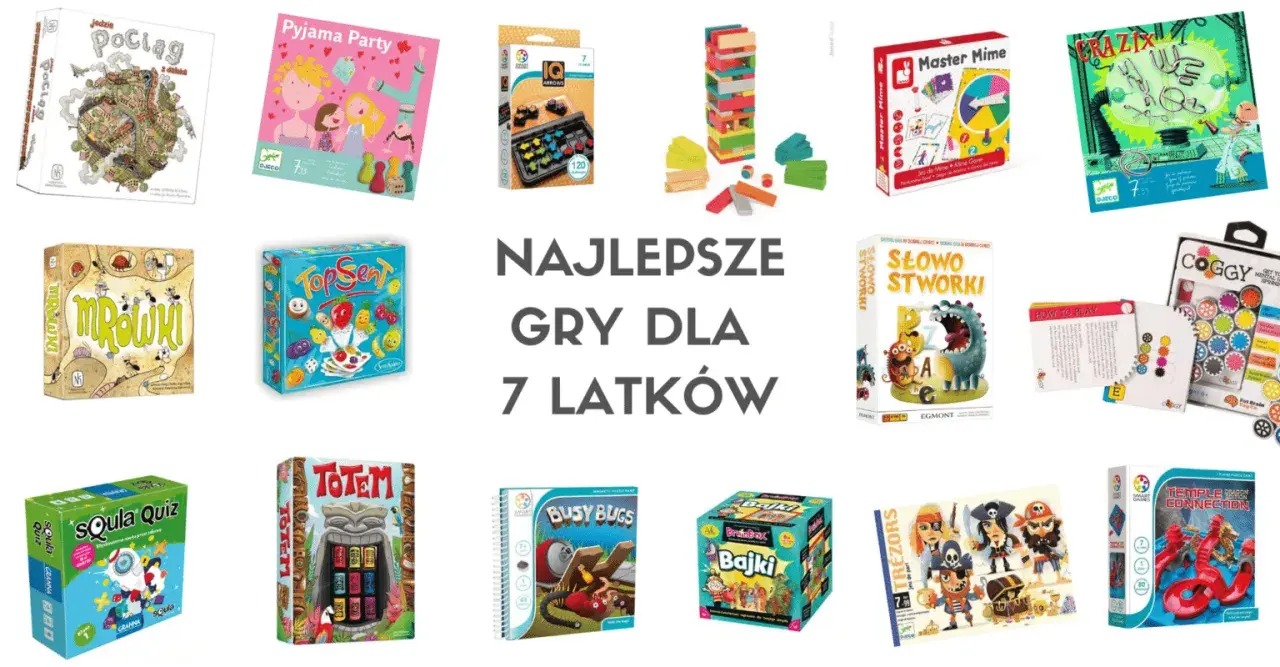 Kreatywne gry dla 7 latki: "Pociąg", "Pyjama Party", "Mrówki", "Top Sent", "Sówka Quiz", "Totem", "Busy Bugs", "Bajki", "Master Mime", "Słowo Stworki", "Crazix", "Coggy", "Trezors", "Temple Connection".
