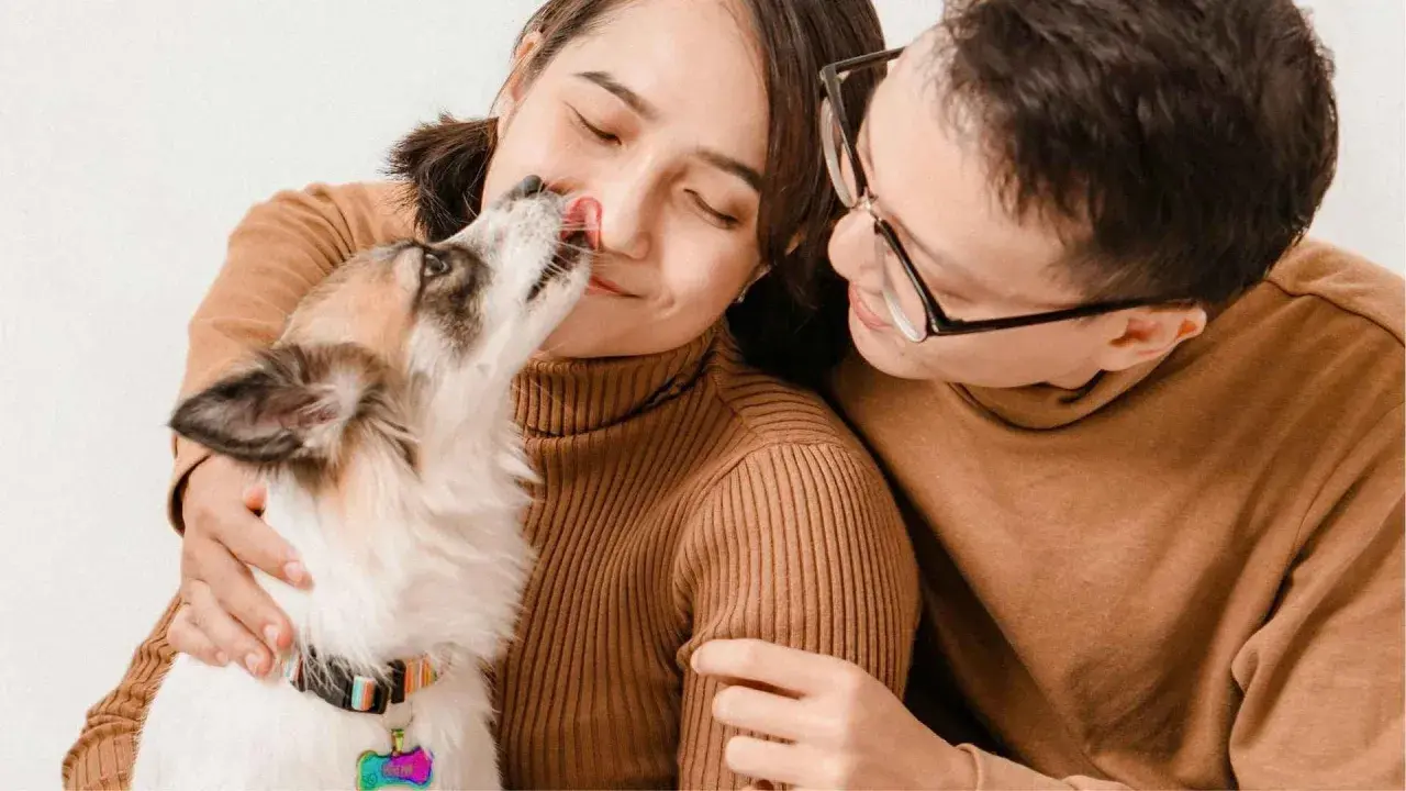 Un tierno momento familiar: un perro lame la nariz de su dueña mientras su pareja lo abraza.