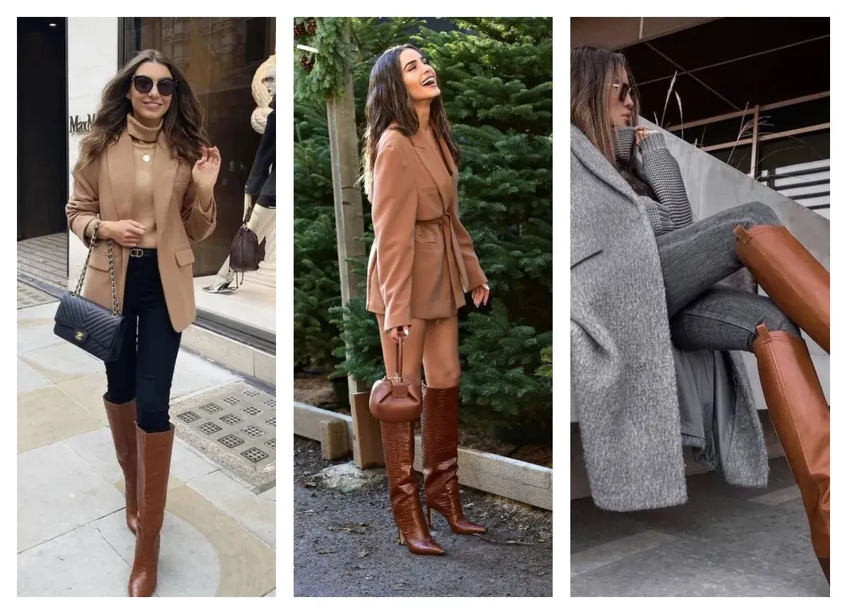 Trois femmes montrent comment porter des bottes hautes marrons avec des blazers et des manteaux pour un look chic.