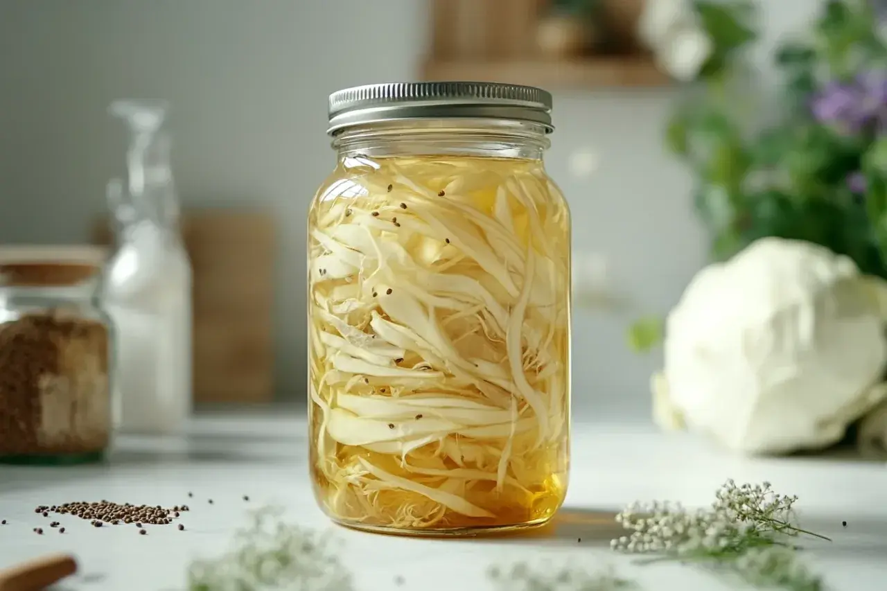 Ein Glas mit spitzkohl fermentieren. Feine Kohlstreifen und Senfkörner in einer goldenen Flüssigkeit.
