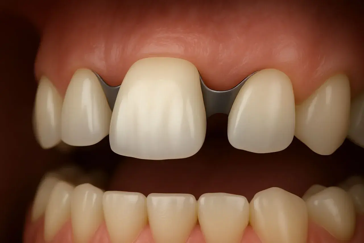 Un ponte dentale incollato, con una struttura metallica che collega i denti naturali, ripristina un sorriso completo.