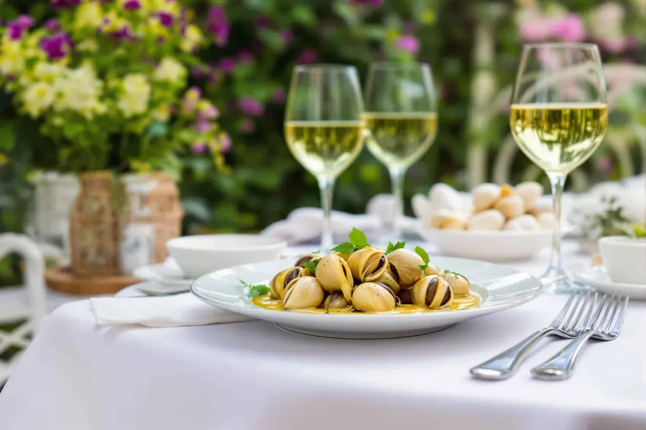 Un plat d'escargots à l'ail et au persil, servi avec des verres de vin blanc. La question est : quel vin avec les escargots ?