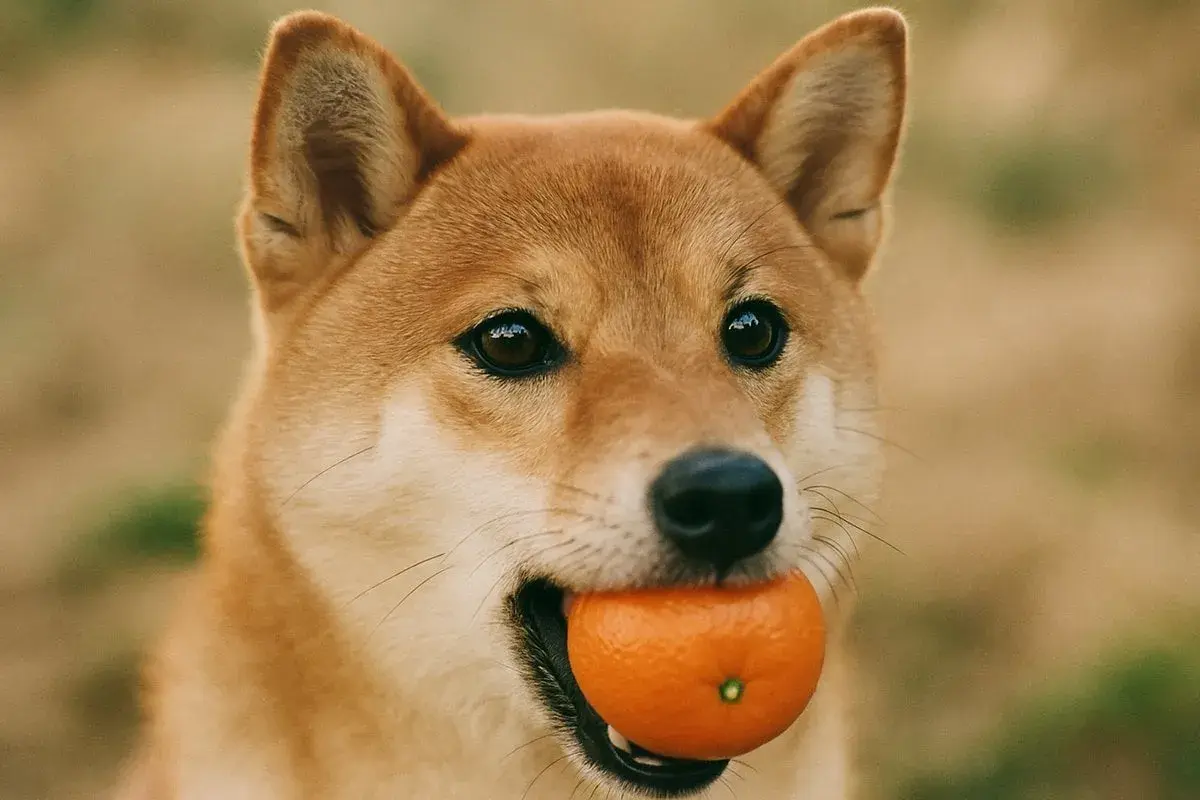 Ein Shiba Inu Hund hält eine Mandarine im Maul.
