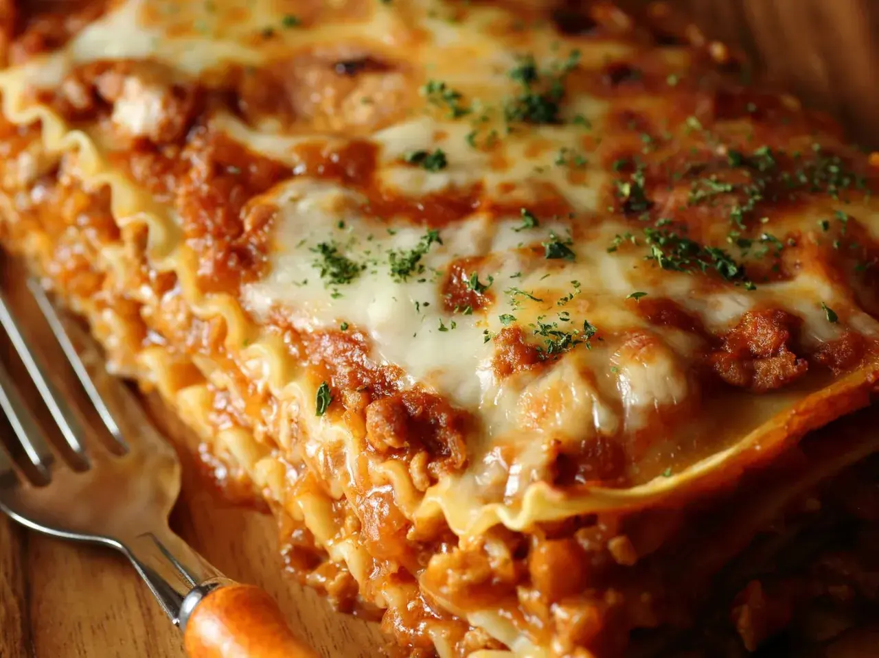 Ein Stück **Lasagne einfach** mit geschmolzenem Käse und Hackfleischsauce, garniert mit Petersilie. Daneben eine Gabel.