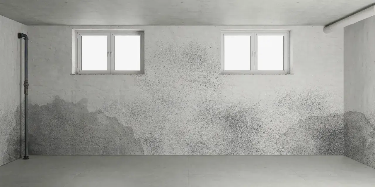 Ein feuchter Keller mit deutlichem **Schimmel im Keller** an den Wänden, zwei kleine Fenster und ein Rohr.
