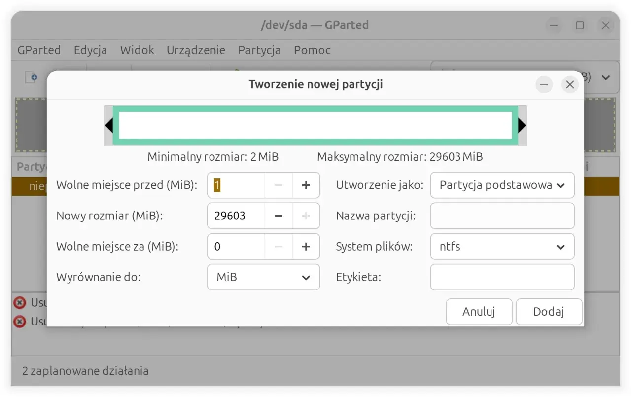 Okno GParted do tworzenia partycji. Ustawienia rozmiaru i systemu plików, przydatne gdy chcesz wiedzieć, jak usunąć partycje z dysku.