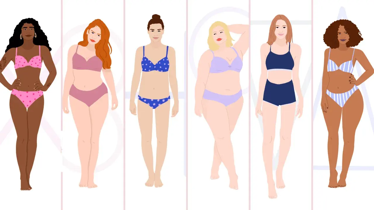 Six femmes aux morphologies variées, dont une femme mince, portent des ensembles de lingerie colorés.