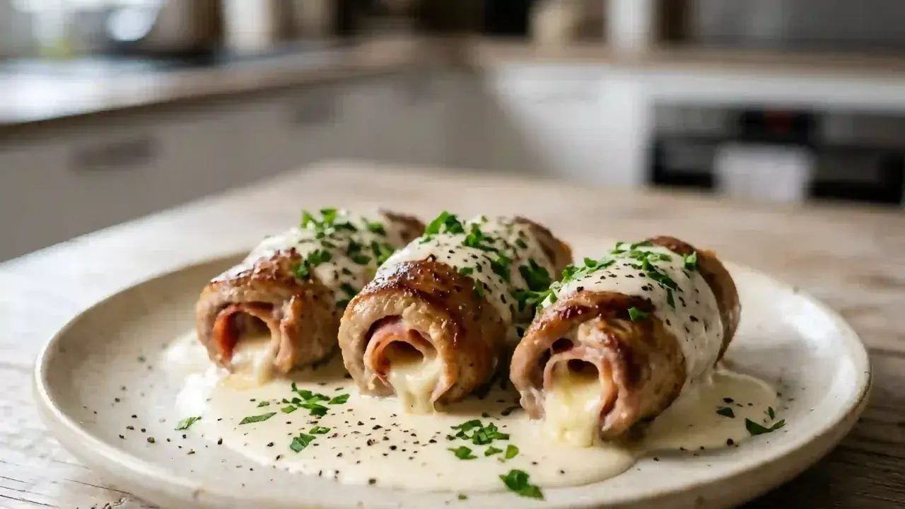 Trois involtini de veau savoureux, garnis de jambon et de fromage fondant, nappés d'une sauce crémeuse et parsemés de persil frais.