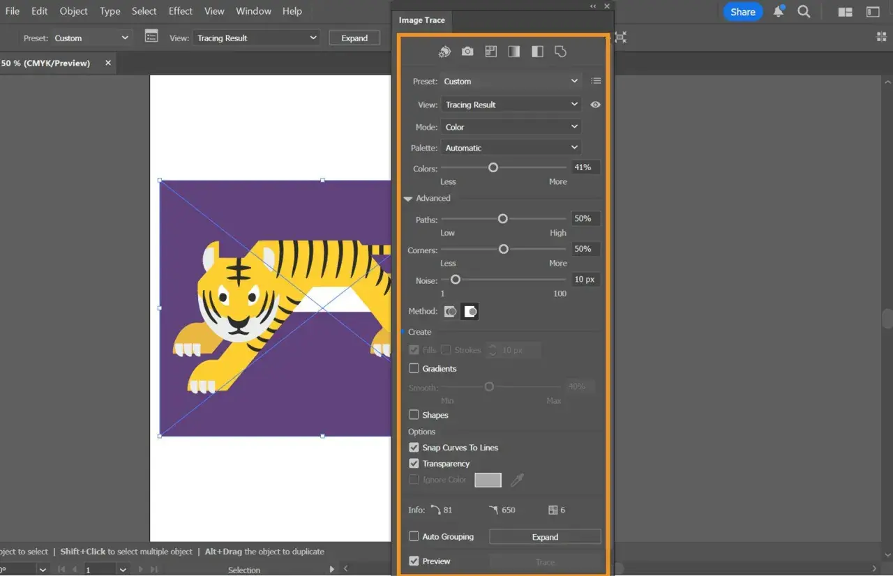Ein Tigerbild wird mit dem Werkzeug "Bildnachzeichner" in Adobe Illustrator bearbeitet. Die Einstellungen für Pfade, Ecken und Rauschen sind sichtbar.
