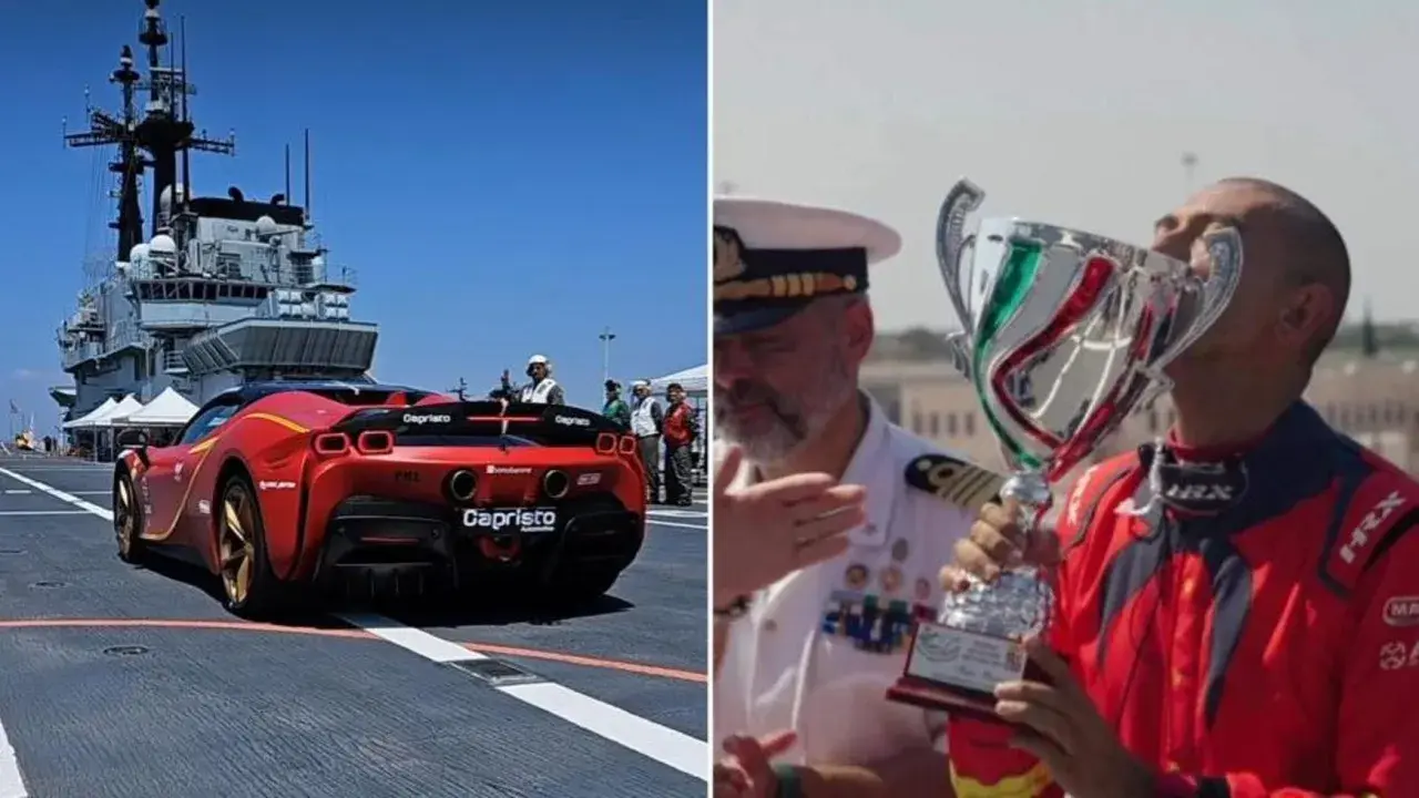 Fabio Barone festeggia una vittoria con un trofeo, mentre un'auto sportiva rossa sfreccia su una nave.