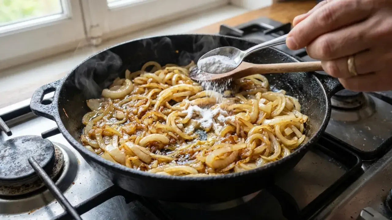 Une main ajoute du sucre aux oignons caramélisés qui cuisent dans une poêle en fonte.