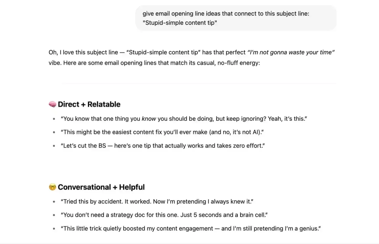 Pomysły na otwierające linie maili po angielsku, które pasują do tematu "Stupid-simple content tip".