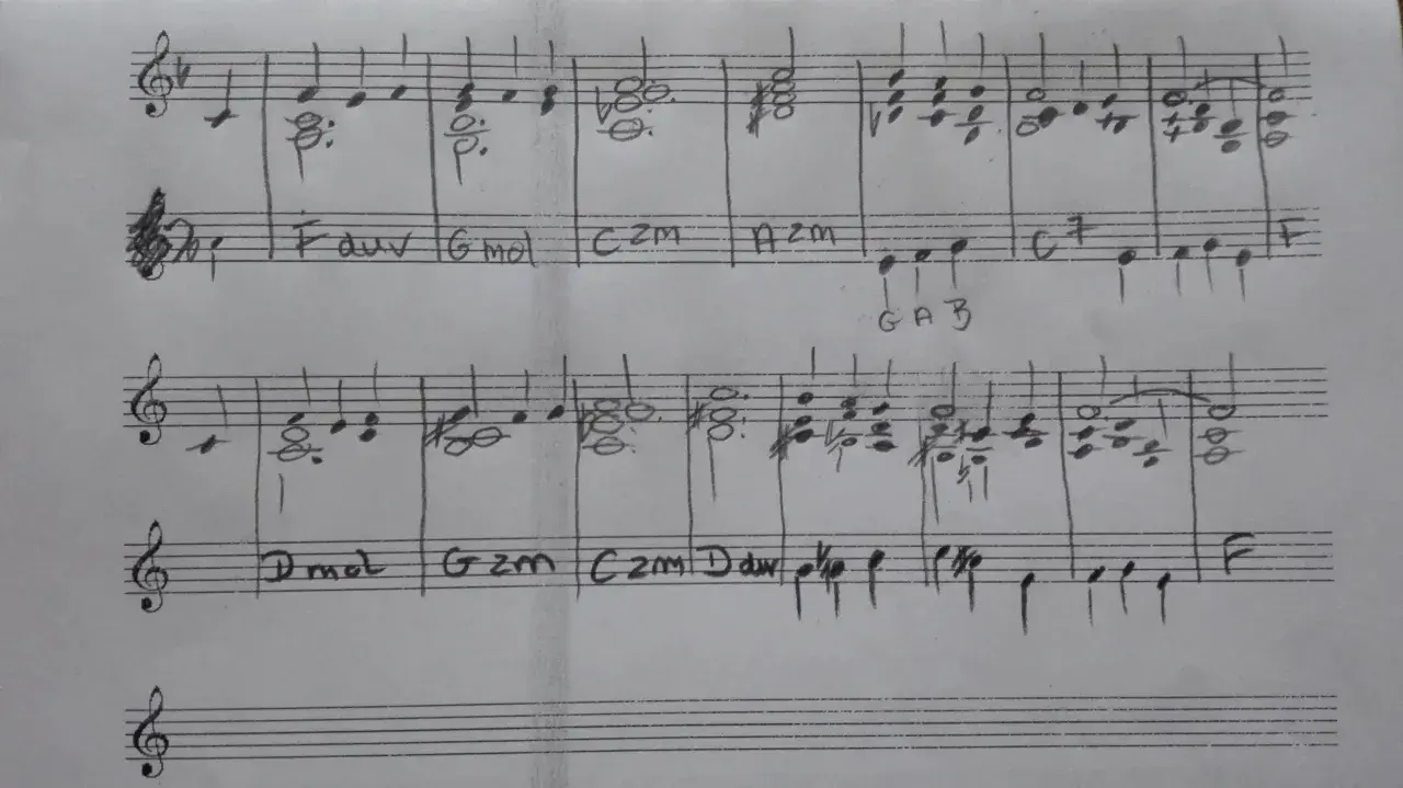 Zapis nutowy z akordami, idealny do nauki gry na akordeonie. Znajdziesz tu łatwe nuty i proste harmonie.