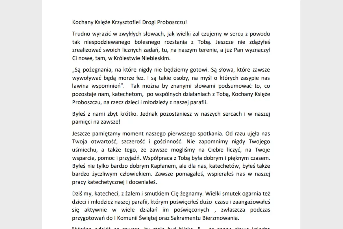 Pożegnanie zmarłego czytane przez księdza wzór. List pożegnalny od parafian do proboszcza, wyrażający żal i wdzięczność za jego posługę.