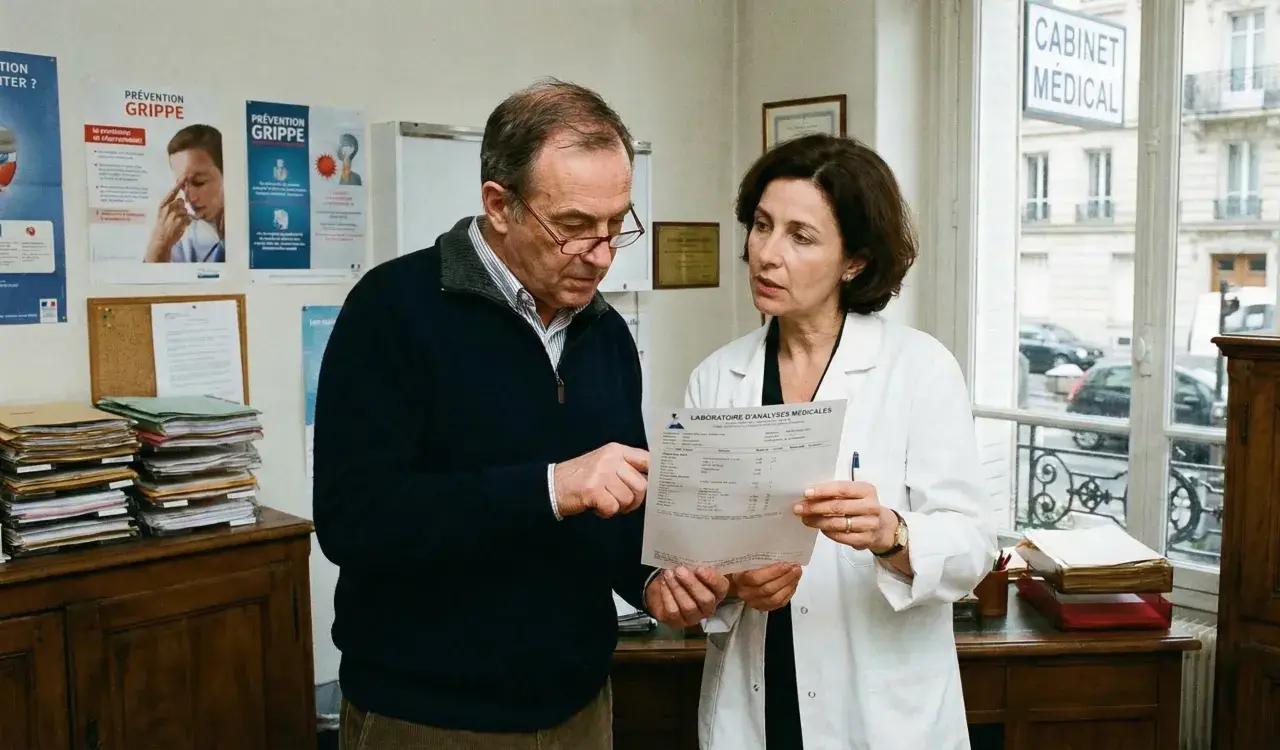 Un médecin examine avec un patient un rapport d'analyse médicale, discutant des résultats, peut-être liés à l'acide urique.