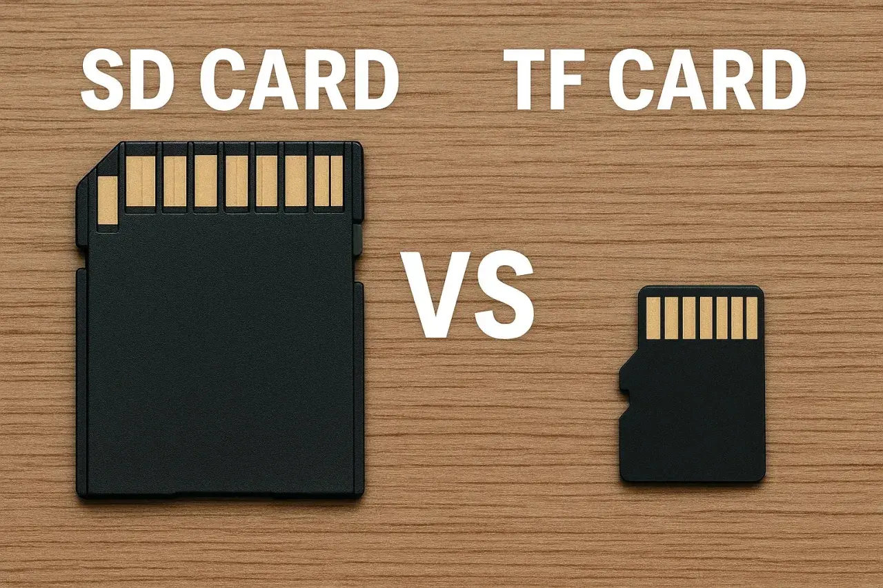 Comparación visual entre una tarjeta SD y una tarjeta TF (microSD). La tarjeta TF es mucho más pequeña.